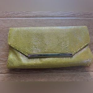 Bcbg sunflower yellow iridescent sequin clutch NWT with metal strap